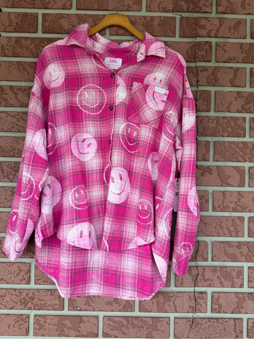 Justice Pink Plaid Flannel Shirt with White Smile Prints